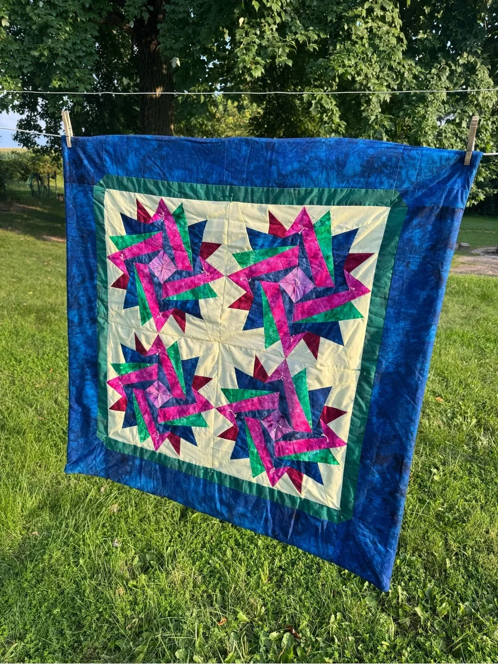 Handmade Tie Lap Quilt Pinwheel Starburst Colorful Blue Throw Grandmacore Rustic